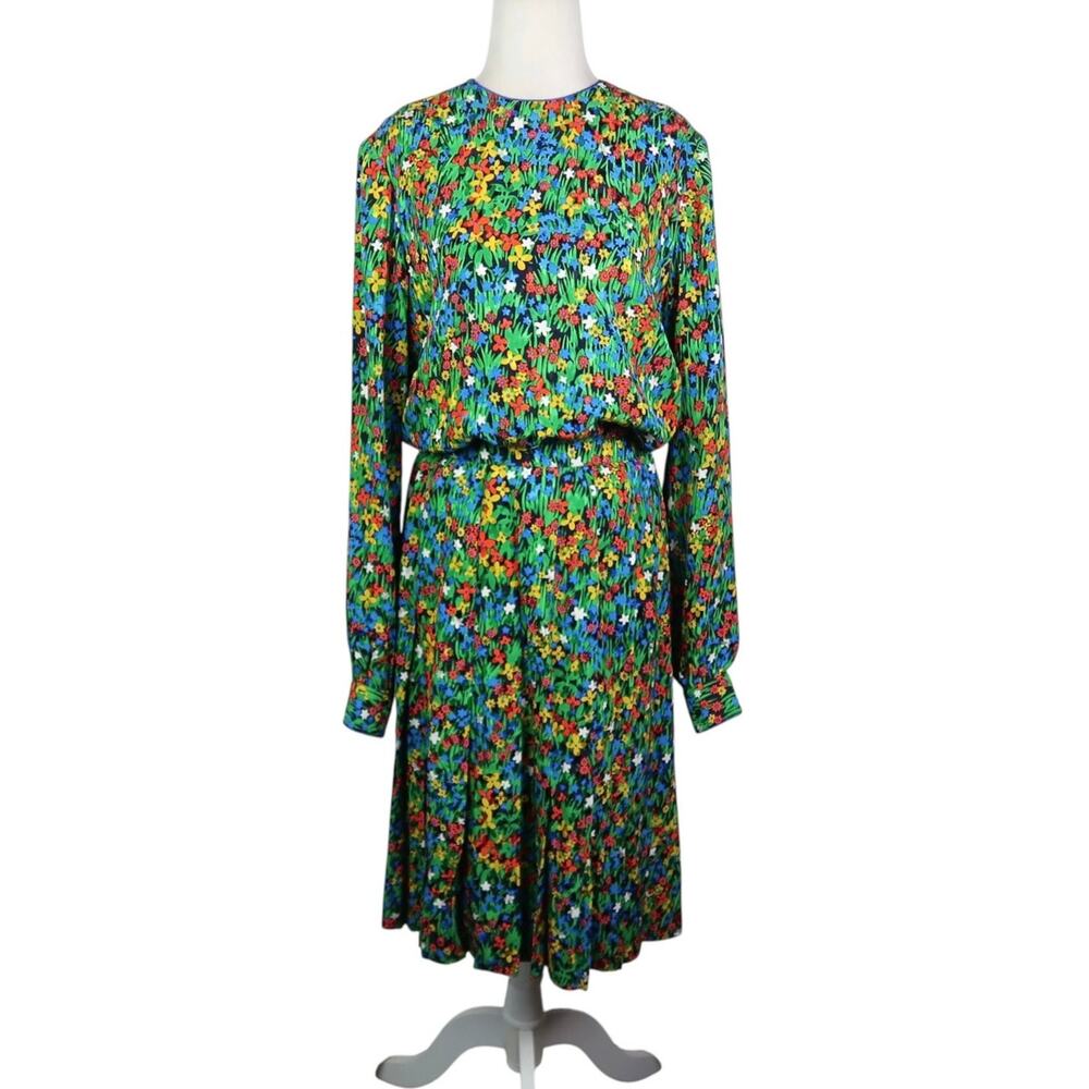 Vintage Lihli Green Blue Red Floral Silk Two Piece Top and Skirt Set M